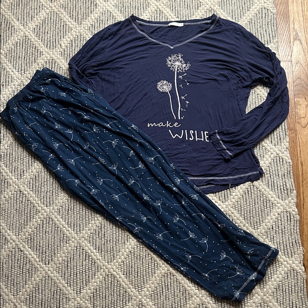 Ekouaer Blue & White Dandelion Womens Long Sleeve Pajama Set XXL